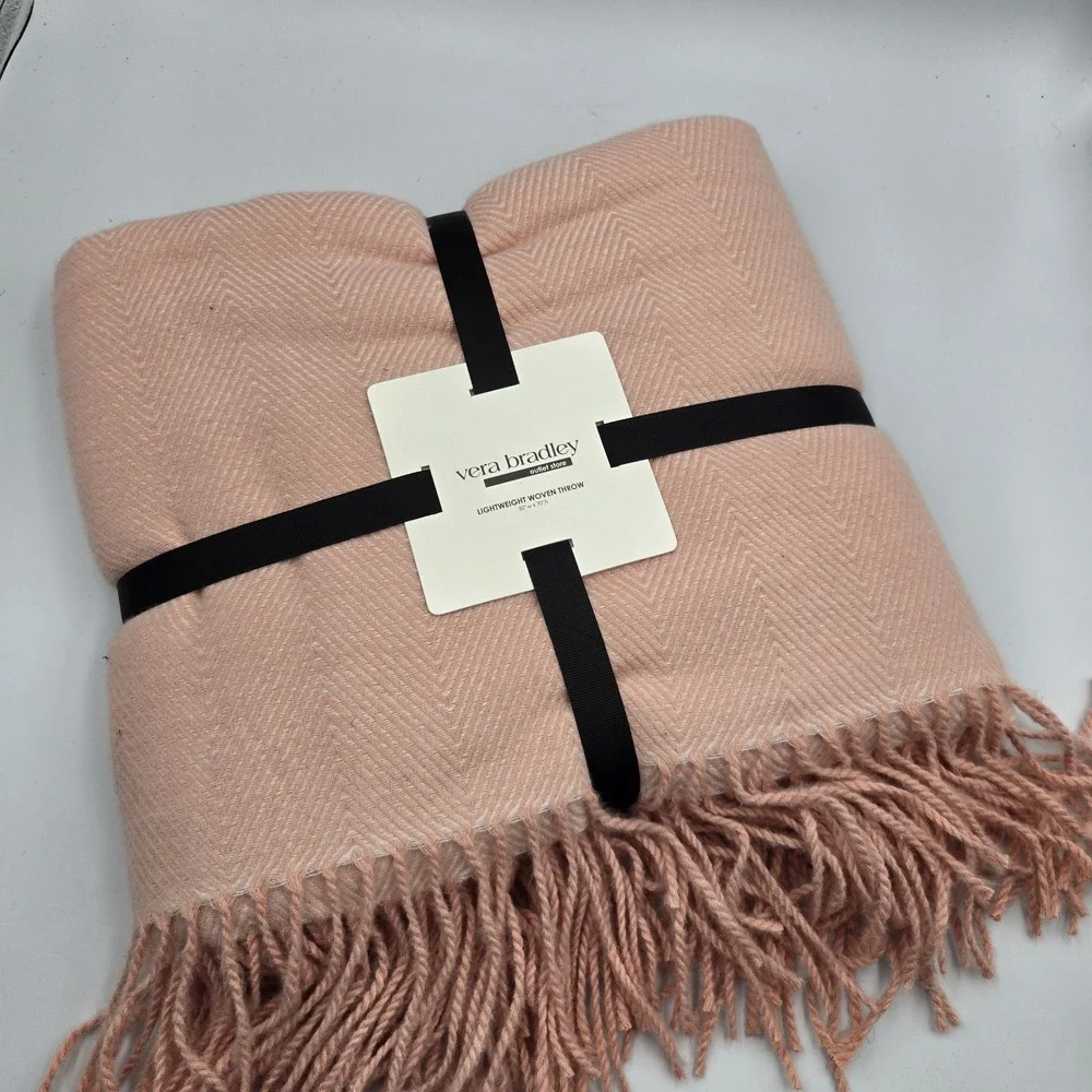 New Vera Bradley Pale Pink Herringbone Woven Blanket Throw Wrap Fringe 50